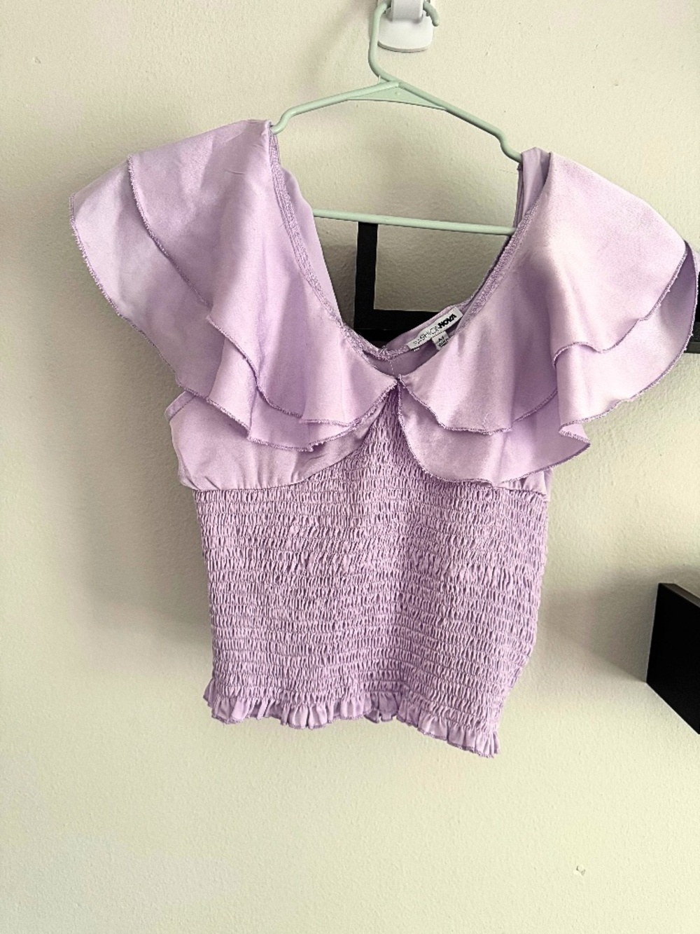 Fashion Nova Lilac Satin Ruffle Smocked Top